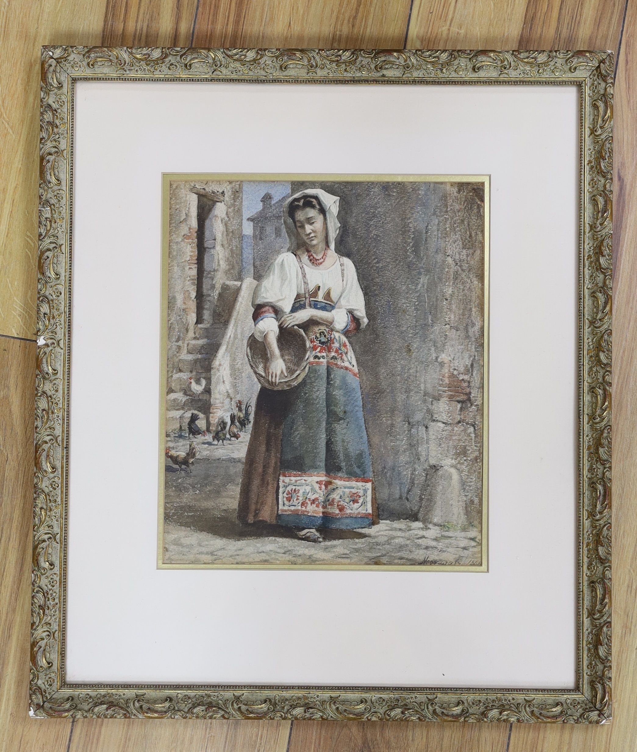 Tomas Moragas Y Torras (Spanish, 1837-1906), watercolour, Spanish woman with a basket, signed and dated 1864, 28 x 23cm